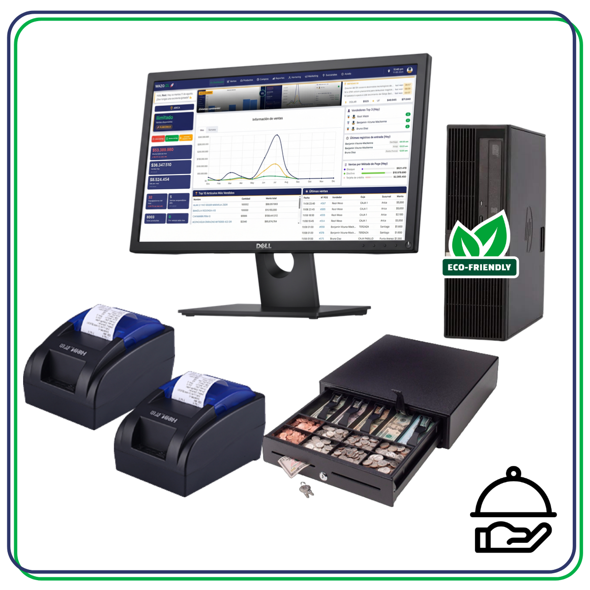 Kit punto de venta Wazo Resto POS 1 58 mm reacondicionado con computador, monitor, dos impresoras térmicas y gaveta de dinero