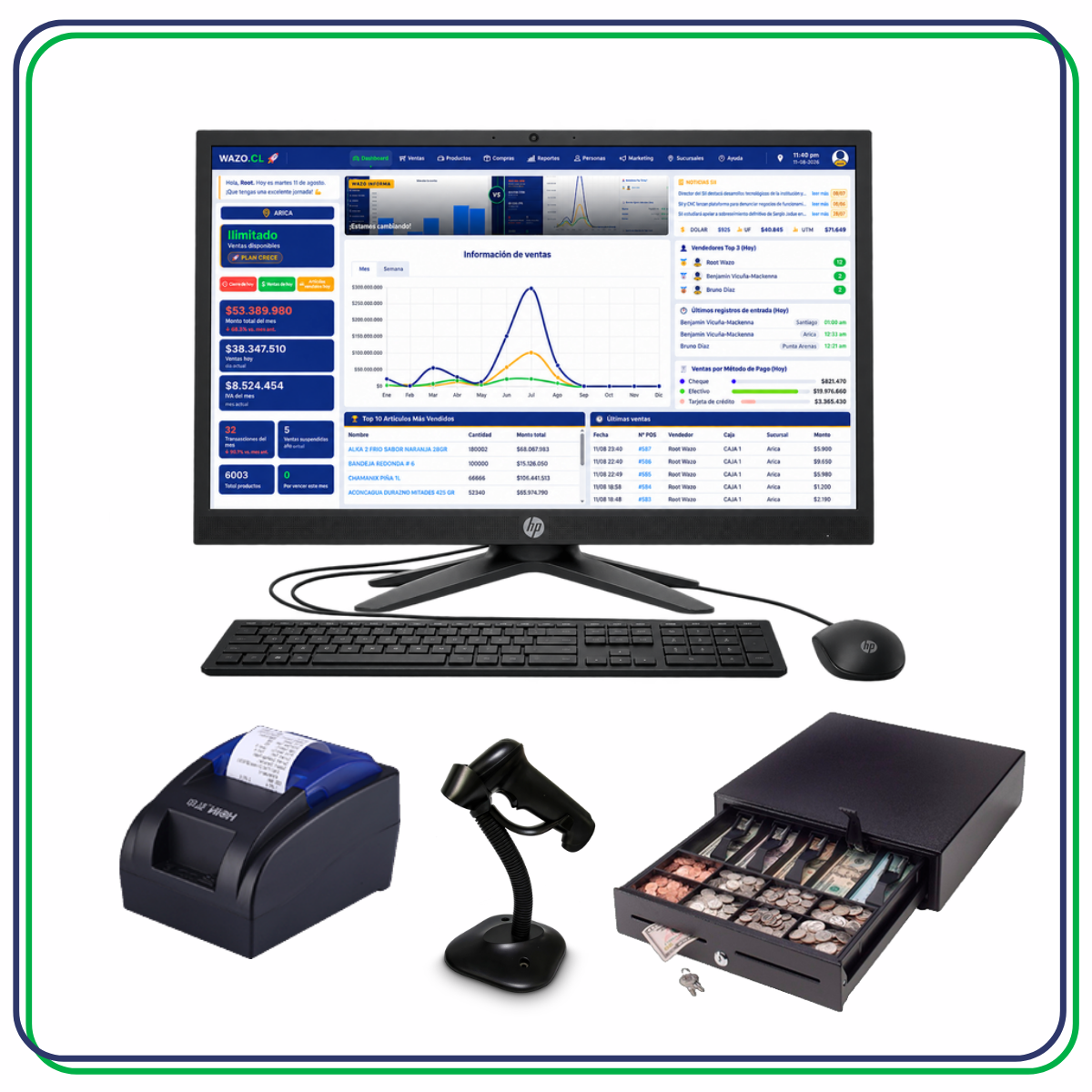 Kit punto de venta Wazo Retail POS 1 58 mm con computador todo en uno de 23,8 pulgadas